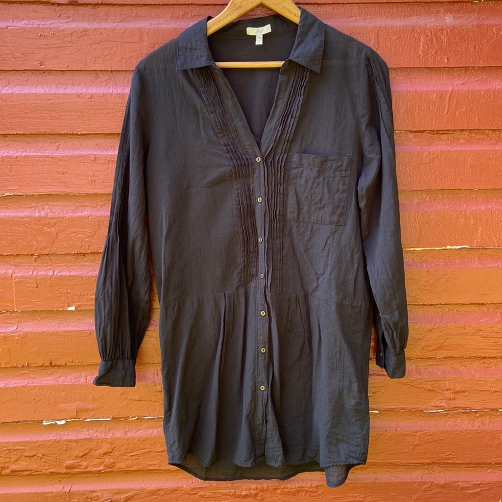Joie Collared Pintuck Button Front Black Cotton Mini Shirt Dress Women's Size S